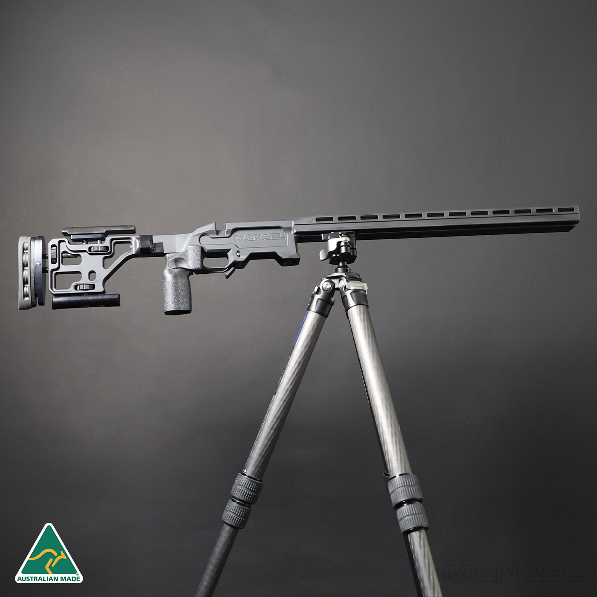 The best competition chassis MANAEL CB12 for centrefire and rimfire rifles, pictured on a tripod