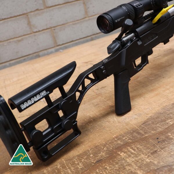High-quality Aussie Made rifle shooting gear with tactical stock and scope for precision target shooting.