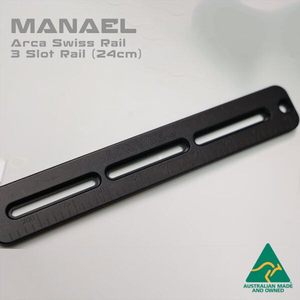 Arca-Rail-3-slot-24cm-resize Black MANAEL Aussie made rifle shooting gear Arca Swiss rail with 3 slots for precision firearm mounts.