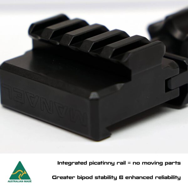 MANAEL ARC Clamp Pic Rail close up rail stability 1. Australian made rifle scope mount with integrated picatinny rail for stability.