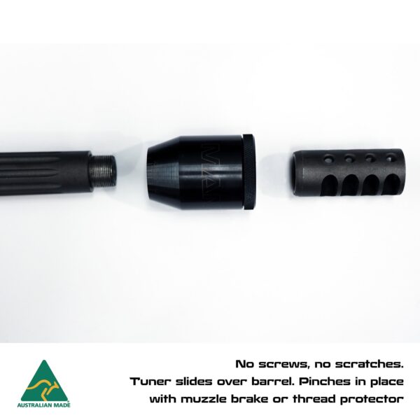 Precision Australian made rifle shooting gear with muzzle brake and thread protector.