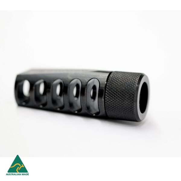 High-quality Australian-made rifle compensator for shooting accuracy and recoil control.