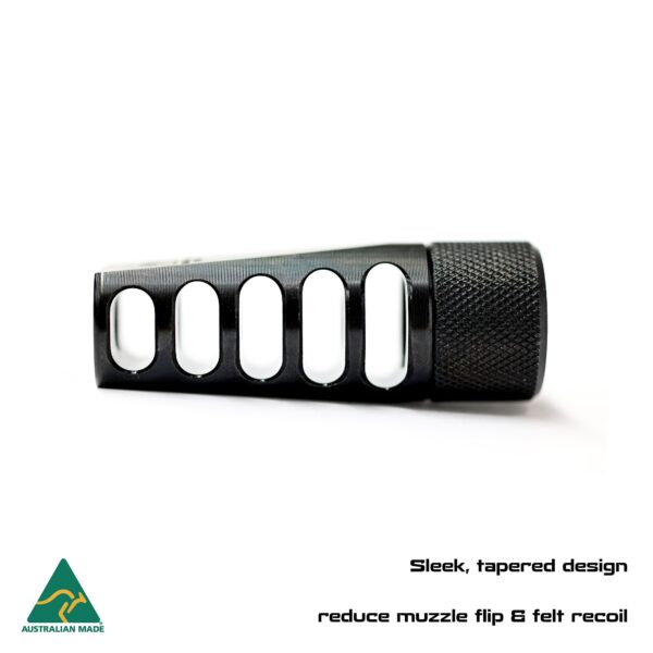 Durable black rifle muzzle brake for shooting, reduced recoil, Australian-made shooting gear.