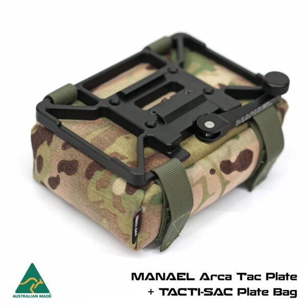 MANAEL Tac Plate BAGS MULTICAM 2 with text High-quality Australian-made rifle shooting gear, sturdy tactical plate, and bag.