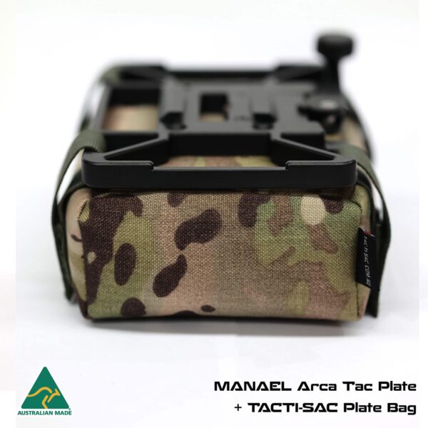 MANAEL Tac Plate BAGS - Plate Bag and plate MULTICAM 1 with text High-quality Australian-made rifle shooting gear with tactical plate bag for hunters and shooters.