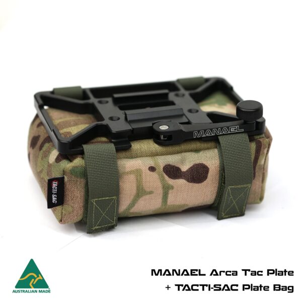 MANAEL Tac Plate BAGS - Plate Bag and plate MULTICAM 2 with text Durable Australian-made rifle shooting gear with tactical platform and camouflage plate bag.