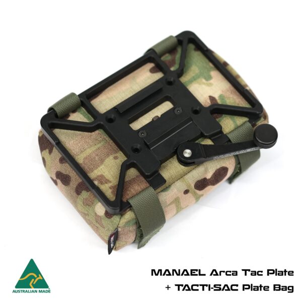 MANAEL Tac Plate BAGS - Plate Bag and plate MULTICAM 3 with text Aussie made rifle shooting gear, ARCA Tac Plate with tactical plate bag for Australian hunters and shooters.