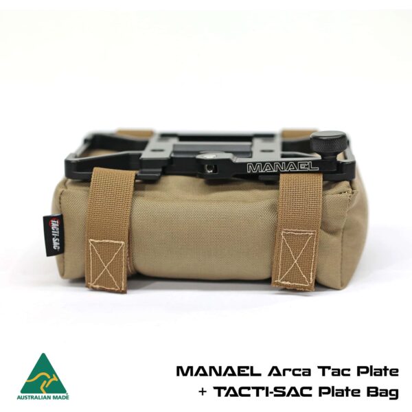 MANAEL Tac Plate BAGS TAN 2 with text Aussie made rifle shooting gear, MANAEL Arca Tac Plate with TACTISAC plate bag.