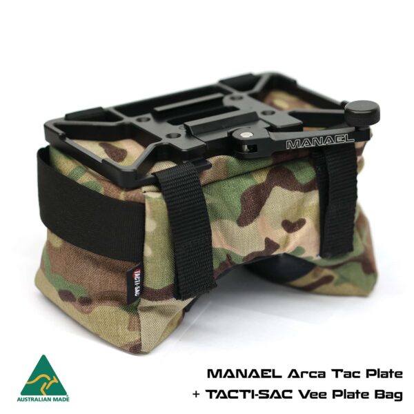 MANAEL Tac Plate BAGS - Vee and plate MULTICAM with text 2 Aussie made rifle shooting gear, ARCA Tac Plate with tactical SACL Vee Plate Bag.