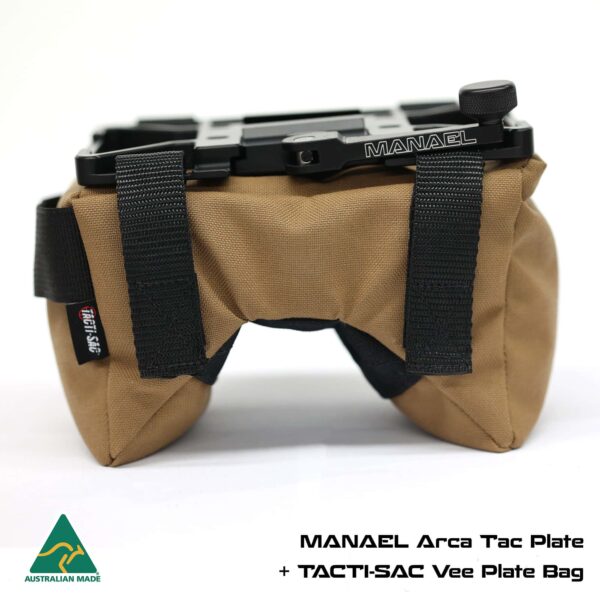 MANAEL Tac Plate BAGS - Vee and plate TAN with text Rifle shooting gear with Arca Tac Plate and Vee Plate Bag, Australian-made, designed for precision shooting.