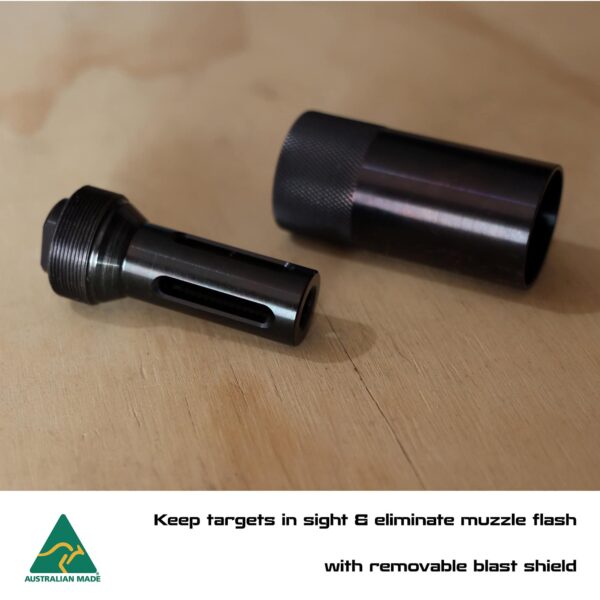 High-quality Australian made rifle shooting gear with removable blast shield, designed for precision and durability.