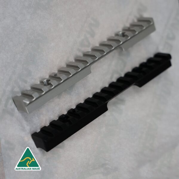 LA101 rail black and silver Aluminium and black rifle scope rail for Australian made shooting gear.