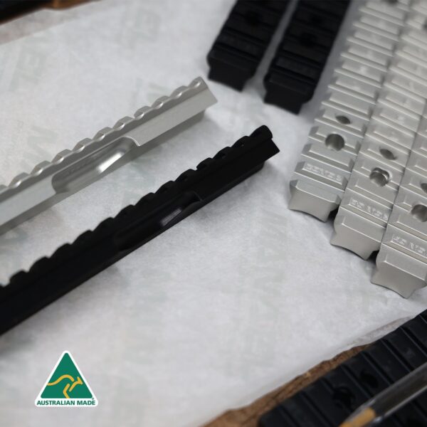 LA101 rail for webstore artwork 2 Precision rifle shooting accessories from Australian made MANAEL; high-quality, durable black and silver components.