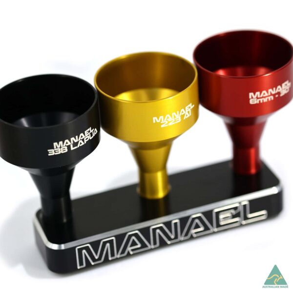 Aluminium rifle scope rings with MANAEL branding in black, gold, and red colours for Australian-made shooting gear.
