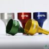 Aluminium rifle calibration weights in green, yellow, red, blue, and silver, Australian made shooting gear for accurate aiming.