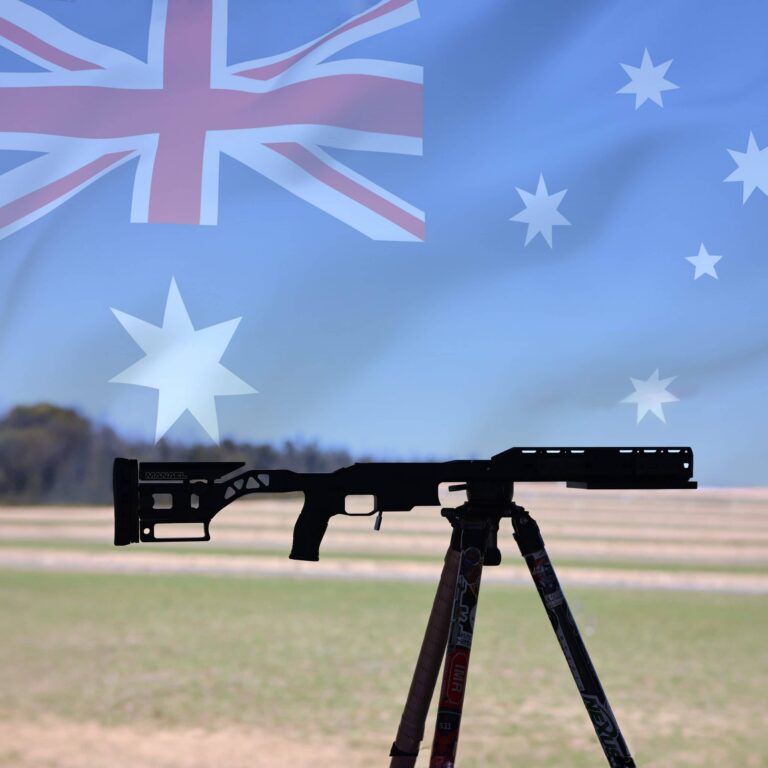 Australian flag overlay on a precision rifle shooting setup outdoors.