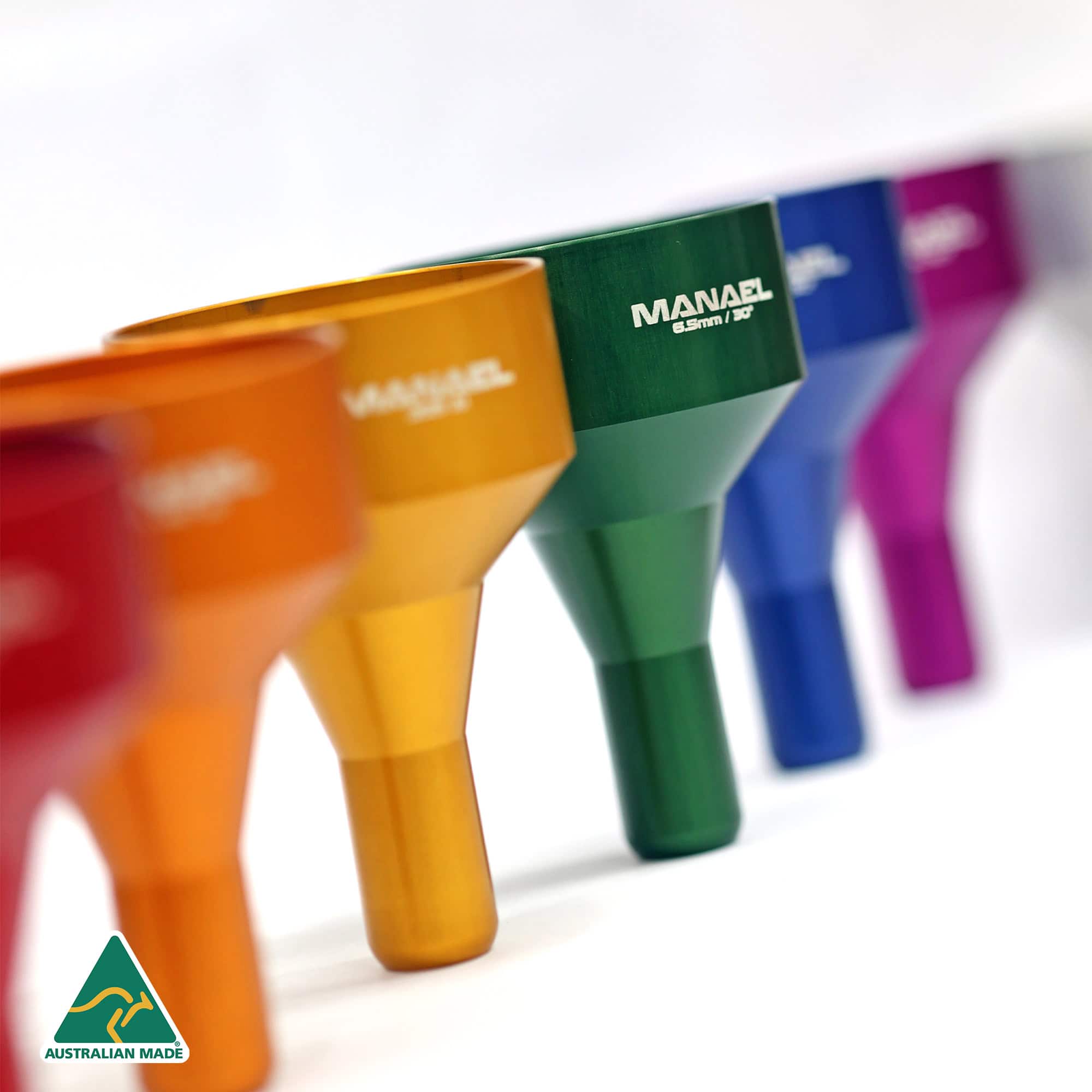 MANAEL reloading funnels 1 Brightly coloured Australian-made rifle shooting gear in rainbow colours, perfect for gun enthusiasts.
