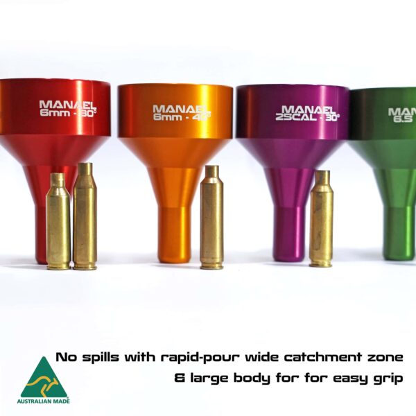 High-quality Aussie Made rifle shooting gear, coloured funnel-shaped powder meters for precise reloading.
