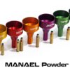Brightly coloured Australian made rifle powder funnels with brass and steel cartridge adapters for accurate reloading.