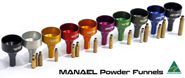 Brightly coloured Australian made rifle powder funnels with brass and steel cartridge adapters for accurate reloading.