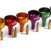 Colourful Australian made rifle shooting gear reloading accessories, shot shell funnels and brass cases.