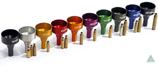 Colourful Australian made rifle shooting gear reloading accessories, shot shell funnels and brass cases.