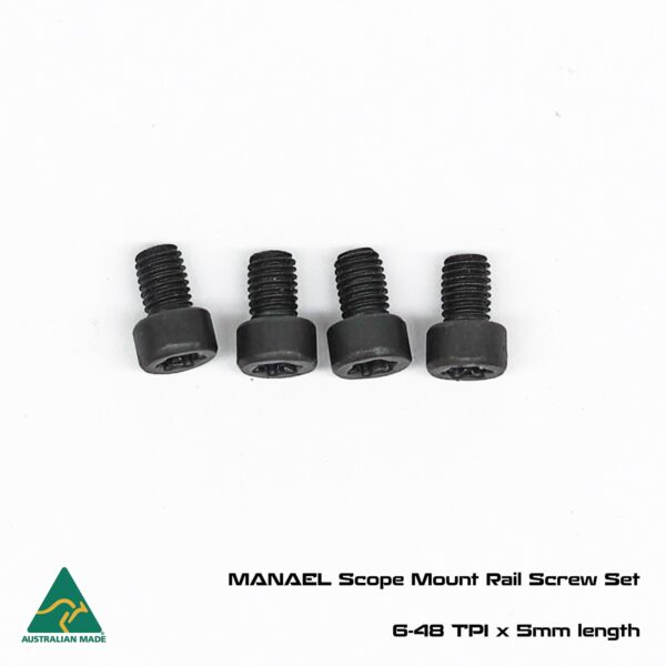 MAN-SCR-648-5-CAP Black scope mount rail screws for rifle shooting gear, Australian made.